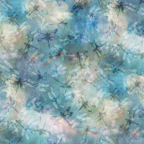 Hoffman Wings Over Wildflowers X5706 41 Aqua Dragonflies | SOLD BY THE HALF-YARD