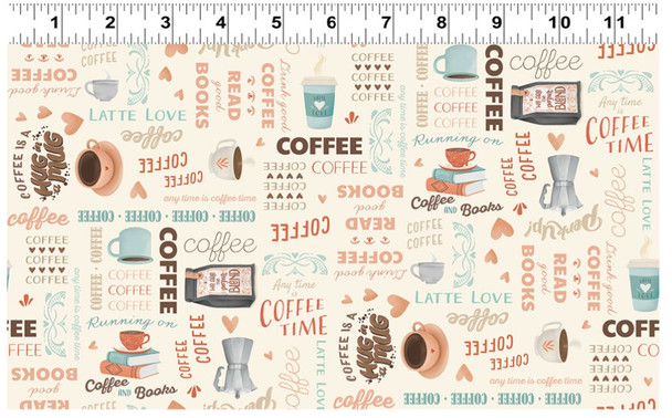 Clothworks Perfect Blend Y4719-57 Cream Coffee Words and Graphics | SOLD BY THE HALF-YARD