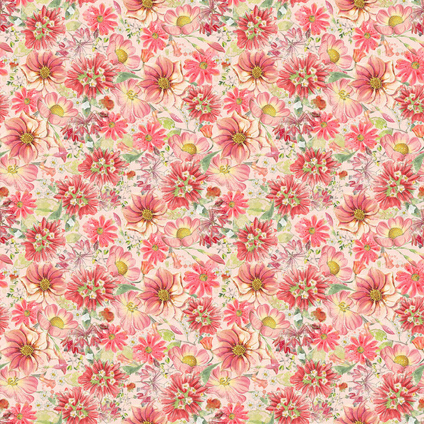 Clothworks Hummingbird Days Y4727-39 Packed Floral Coral | SOLD BY THE HALF-YARD