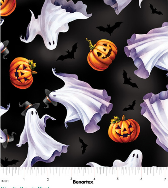 Benartex Ghostly Soiree 15102-12 Ghostly Parade Black Halloween | SOLD BY THE HALF-YARD