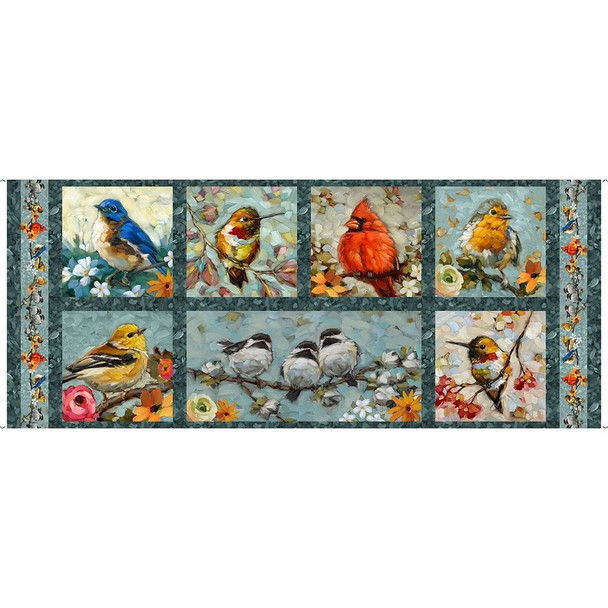 QT Joyful Garden 31863-X PANEL 24"x44" Birds Flowers by artist Andrea Lavery