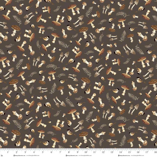 Whimsical Woods 2336-33 Brown Mushrooms Chickadees Fern by Henry Glass| SOLD BY THE HALF-YARD
