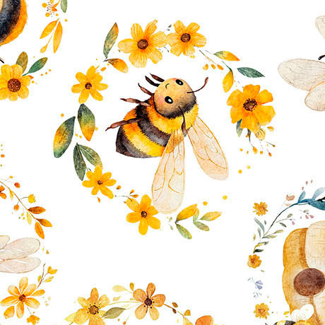QT Fabrics Buzz Buzz Buzz 31701-Z White Bees and Beehives | SOLD BY THE HALF-YARD