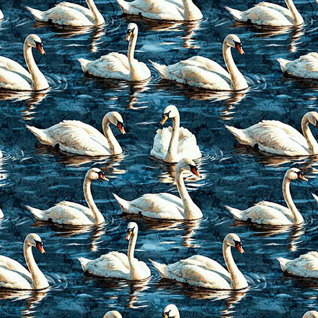 Swan Song by QT Fabrics 31849-N Swimming Swans Navy | SOLD BY THE HALF-YARD