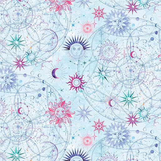 Celestial Skies Pearlescent Fabric by Benartex 16620P-04 Sun and Moon Light Turquoise | SOLD BY THE HALF-YARD