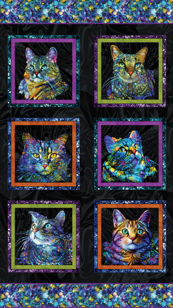 Cat Artistry PANEL by Peggy Collins for Benartex 16732-12 Cat Artisty Panel  Black Multi 24"x44"