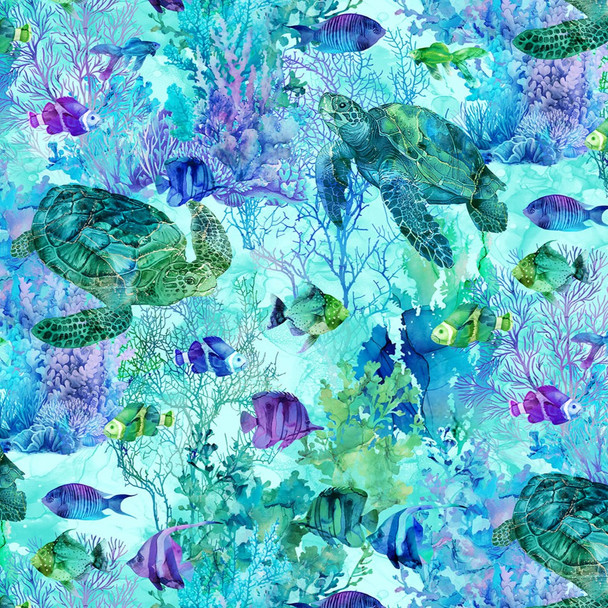 Northcott Coral Reef Digital DP28877-66 Turtle & Fish Turquoise Multi | SOLD BY THE HALF-YARD