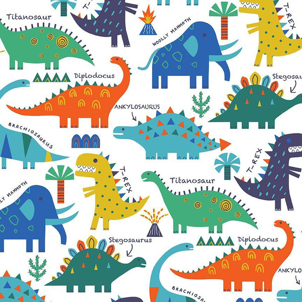 Stomping Ground Flannel by Dear Stella F3116 White Ptero-bly Cute Dinosaur Flannel| SOLD BY THE HALF-YARD