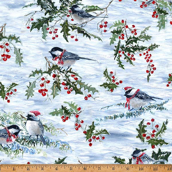 Hoffman Holiday Hideaway Y5772-698 Iceberg Chickadees Holly Berry | SOLD BY THE HALF-YARD