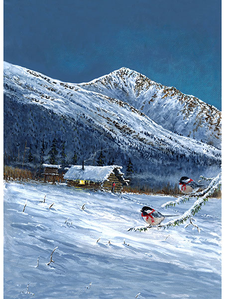 Hoffman Holiday Hideaway PANEL Y5765-19 Navy Snowy Mountains Cabin with Chickadees 31.75" X 44" Fabric Panel