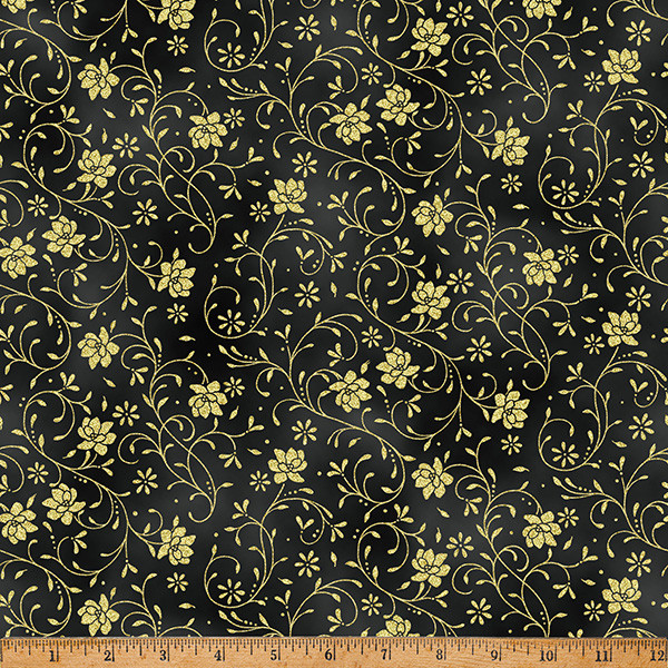 Hoffman Ornament Grove Y7807-4G Black Gold Floral Vine Scroll Metallic | SOLD BY THE HALF-YARD