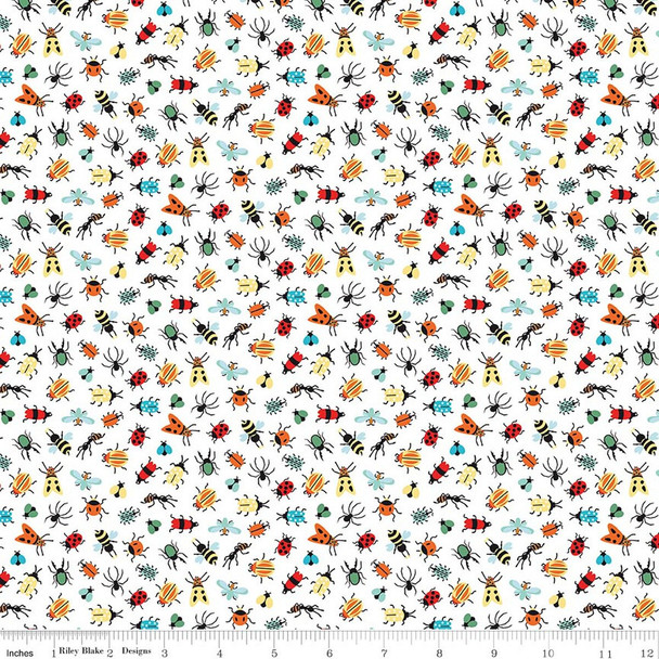 Happy Haven Bug Life by Riley Blake C17623 White Ladybugs Bees Beetles Spiders Flies | SOLD BY THE HALF-YARD