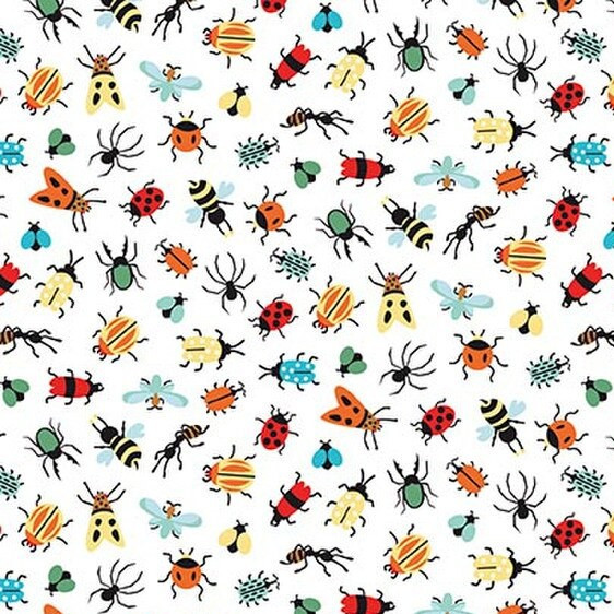 Happy Haven Bug Life by Riley Blake C17623 White Ladybugs Bees Beetles Spiders Flies | SOLD BY THE HALF-YARD