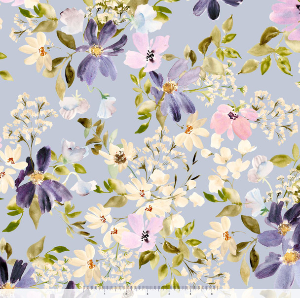 Serendipity by Leah Bisch for QT 32135-B Floral Dusty Periwinkle | SOLD BY THE HALF-YARD