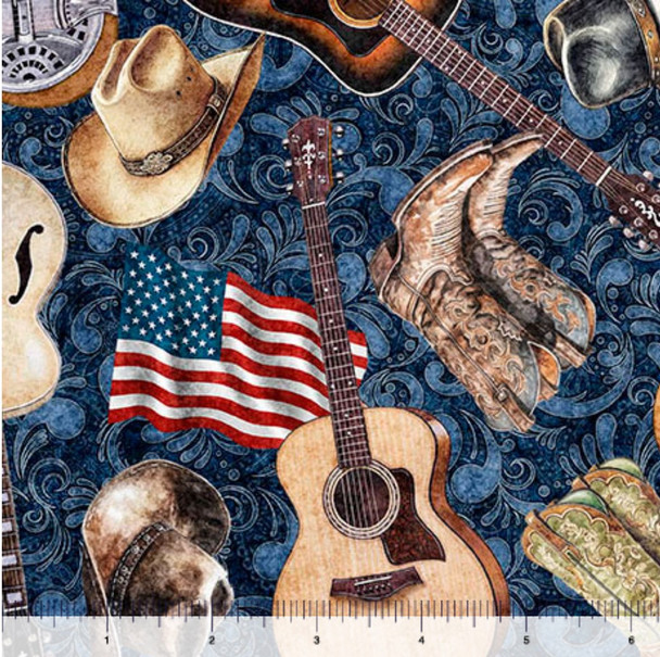 QT Fabrics American Country 31993-N Country Guitars Boots Hats Western Navy | SOLD BY THE HALF-YARD
