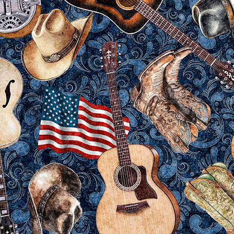 QT Fabrics American Country 31993-N Country Guitars Boots Hats Western Navy | SOLD BY THE HALF-YARD
