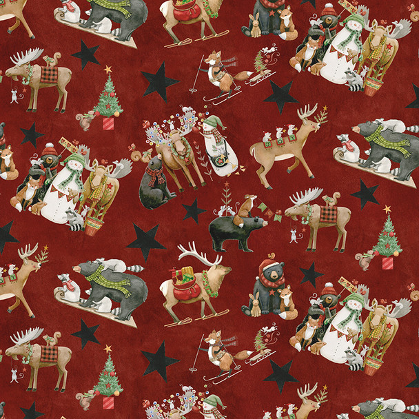 Riley Blake Northern Christmas Main Wildlife Red C17830 Red | SOLD BY THE HALF-YARD