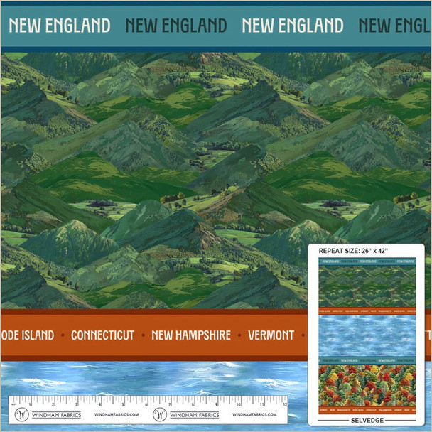 2026 All New England Shop Hop Fabric 55476D-1 Land and Sea New England with State Names | SOLD BY THE HALF-YARD