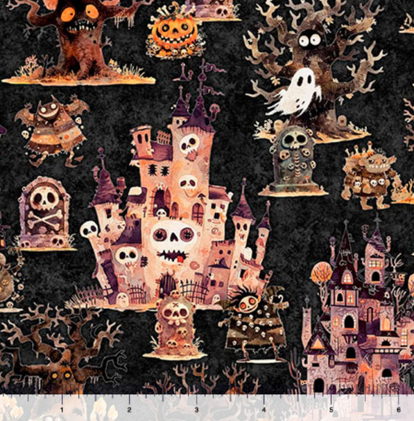 QT Fabrics A Haunting We Will Go 31945-J Haunted Landscape Charcoal | SOLD BY THE HALF-YARD