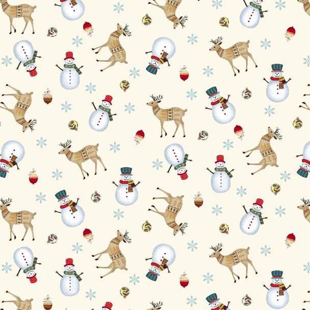 Nordic Holiday by Henry Glass 3607-44 Snowmen Deer Toss Cream Multi | SOLD BY THE HALF-YARD