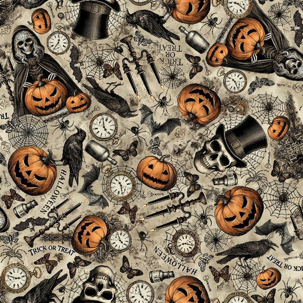 Timeless Treasures Wicked Willow Halloween Icons WICKED-CD4138 Taupe | SOLD BY THE HALF-YARD