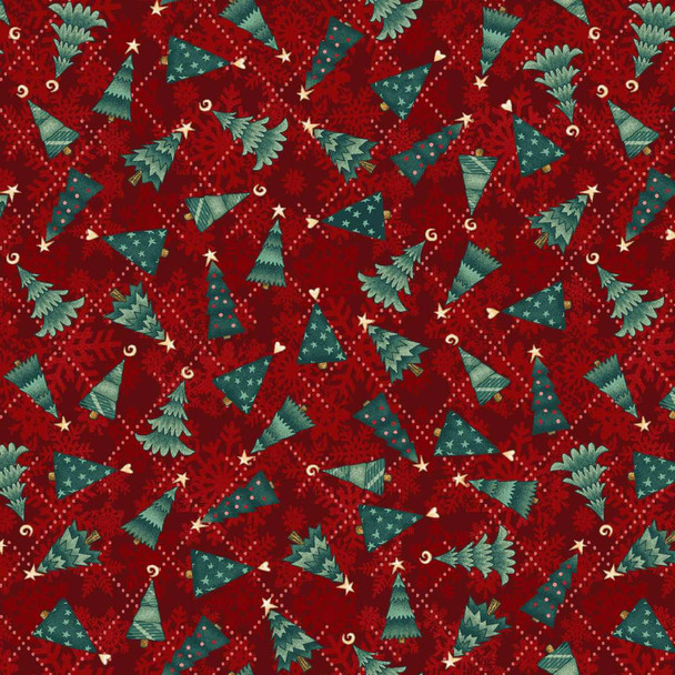Gifts of Gratitude by Henry Glass 2532-88 Red Christmas Trees Tossed | SOLD BY THE HALF-YARD