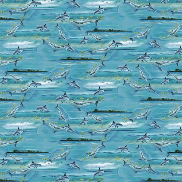 Window Paradise Digital by Henry Glass 2332-17 Dolphins Ocean Blue | SOLD BY THE HALF-YARD