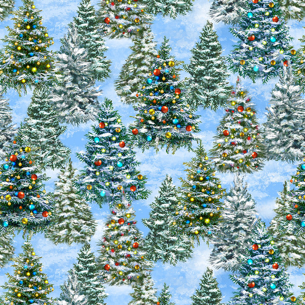 Winter Wonder by Windham 55166DPF-2 Christmas Tree Farm PUFF 3-D SNOW EFFECT Icy Blue | SOLD BY THE HALF-YARD