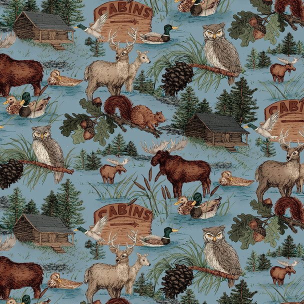 Riley Blake Whispering Pines C17950 Cabins Wildlife Blue | SOLD BY THE HALF-YARD