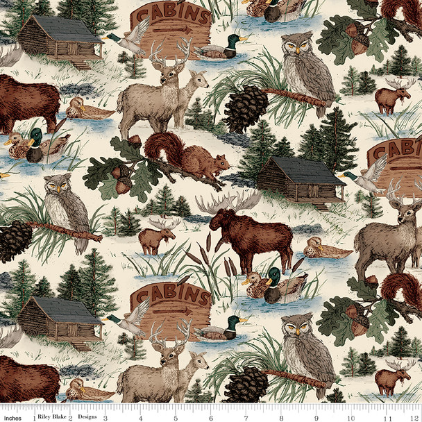 Riley Blake Whispering Pines C17950 Cabins Wildlife Cream | SOLD BY THE HALF-YARD