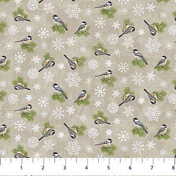 Northcott Winter Wonderland by Deborah Edwards 28871-12 Chickadees Taupe Multi | SOLD BY THE HALF-YARD