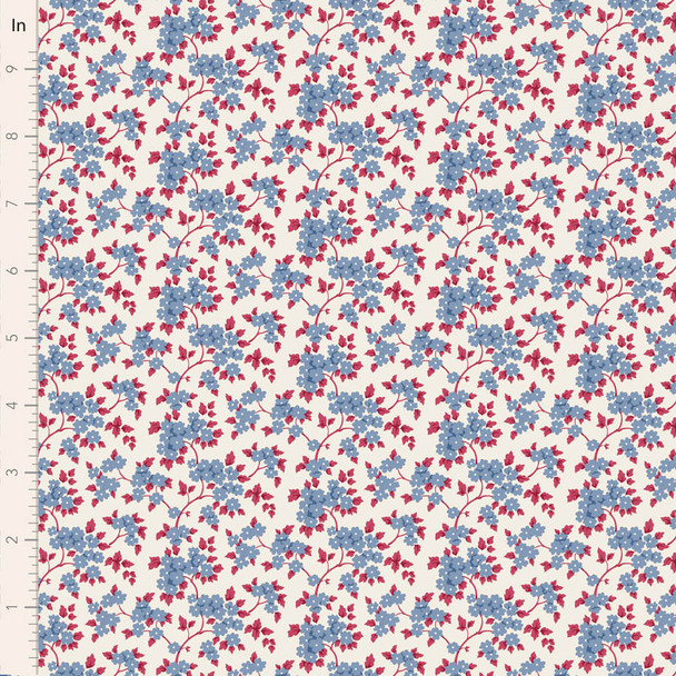 Tilda Village Life 100696 Ruth Blue Flowers Red Vines Leaves | SOLD BY THE HALF-YARD