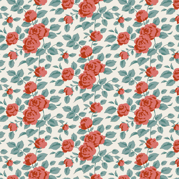 Tilda Village Life 100684 Margot Rust Roses Teal Leaves | SOLD BY THE HALF-YARD