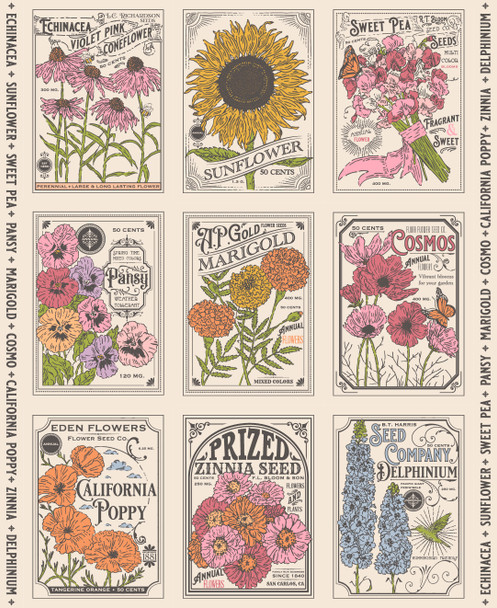 My Secret Garden by Stacy Iest Hsu for Moda  20988 11 PANEL Cloud Vintage Seed Packet Panel 36"x44"