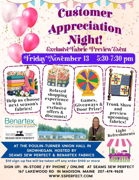 Customer Appreciation and Fabric Buying Night at Poulin-Turner Union Hall | Friday Nov 13 5:30-7:30