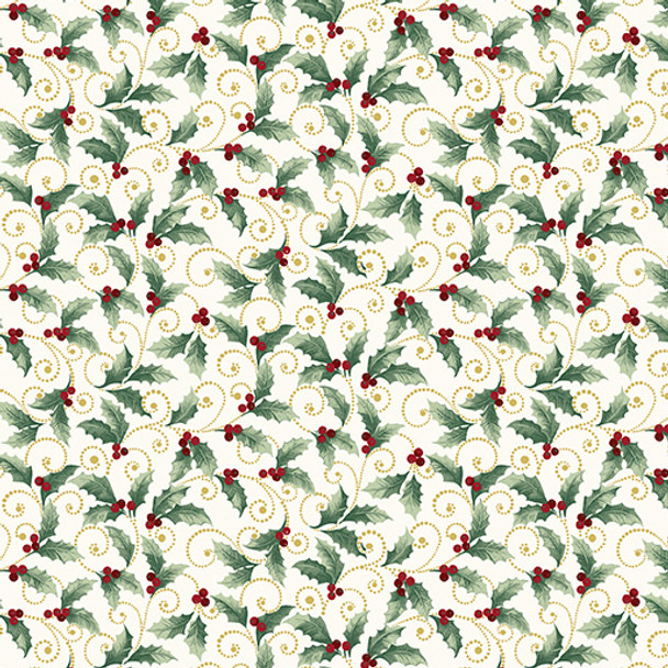 Benartex Festive Medley 13188M-07 Holly and Scroll Cream Metallic | Per Half Yard