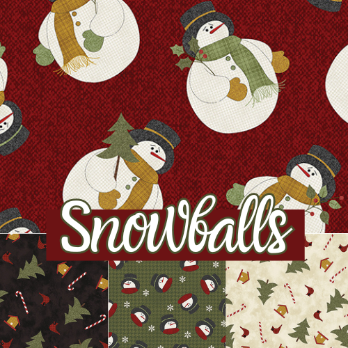 Snowballs by Cheryl Haynes for Benartex Fabrics is a wonderful folk art fabric collection featuring Cheryl's sweet signature snowmen and fabrics of deep rich colors that sparkle with intensity: burgundies, golds, pine greens and creams.  There are tossed trees, cabins and candy canes, roly poly snowmen, berry leaves blenders, and a whimsical panel with log cabin blocks, perfect for quick quilt projects.  There's even a free downloadable pattern created just for the collection, courtesy of Cheryl Haynes and Benartex. 