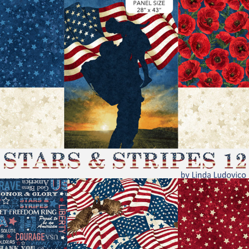 "Stars and Stripes 12," a quintessentially American fabric collection designed by the renowned Linda Ludovico for Northcott Fabrics, proudly embodies the spirit of patriotism and heritage. Crafted from 100% cotton, these quilting fabrics feature a stunning array of designs inspired by the iconic symbols of the United States, including stars, stripes, red poppies eagles, patriotic text and words, panels featuring timeless motifs evoking our nation's rich history. 