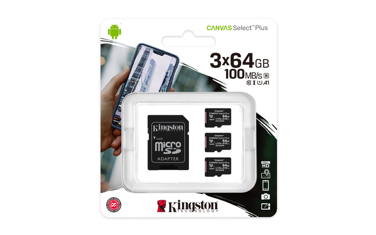 SDCS2/64GB-3P1A, 64GB microSDXC Canvas Select Plus 100R A1 C10 Three Pack + Single Adapter