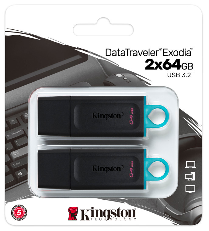 DTX/64GB-2P, 64GB USB3.2 Gen 1 DataTraveler Exodia (Black + Teal) - 2 Pieces