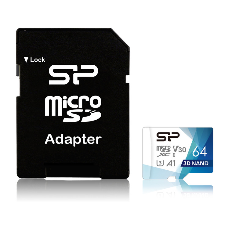 SP064GBSTXDU3V20AB, 64GB microSDXC Superior Pro V30 Class 10 UHS-1 (U3) R/W up to 100/80 MB/s, w/ adapter