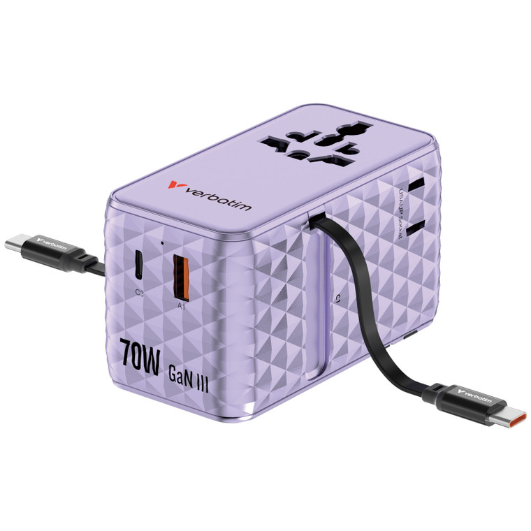 30188, Charge n Travel 70W 2C retractable Universal Travel Adapter Purple
