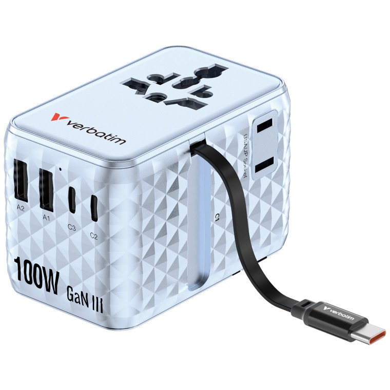 30192, Charge n Travel 100W Universal Travel Adapter with Retractable Cable Blue