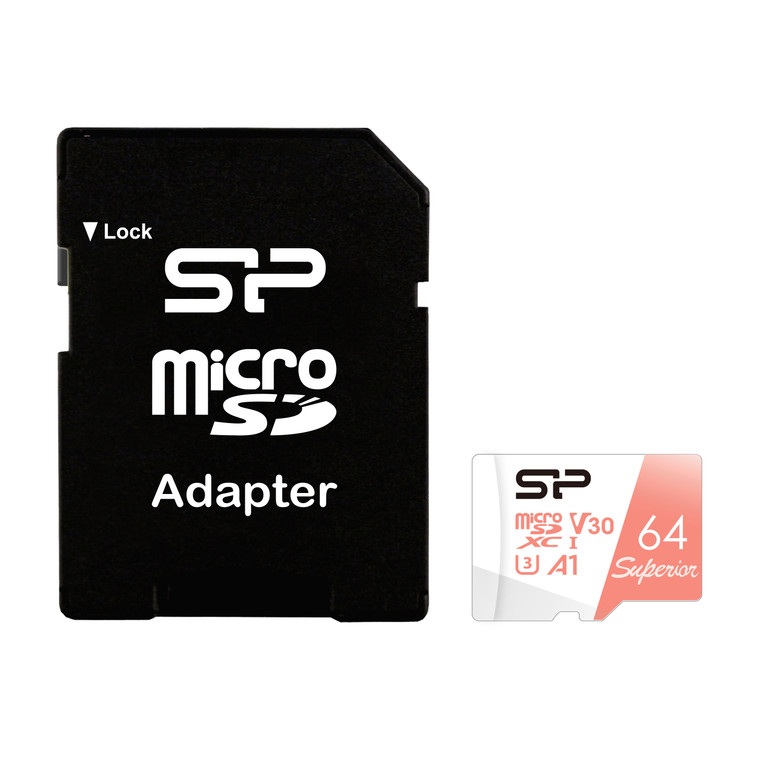 SP064GBSTXDV3V20SP, 64GB microSDXC Superior V30 UHS-1 (U3) V30 R/W up to 100/80 MB/s, w/ adapter