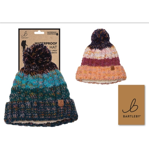 Bartleby Ladies Waterproof Stripe Knit Bobble Hat