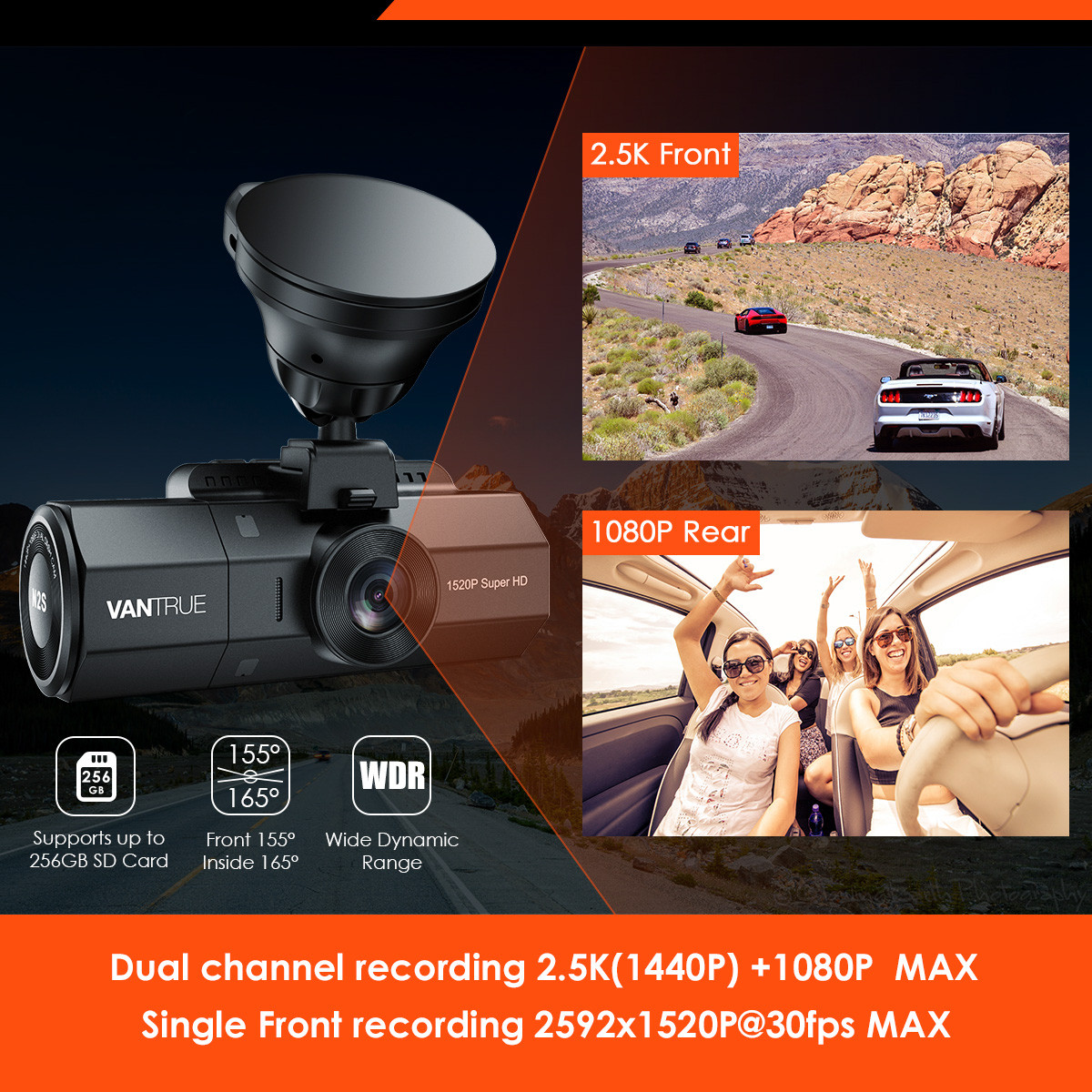 Vantrue N2S Dual Lens Dash Cam for Front & Inside Recording