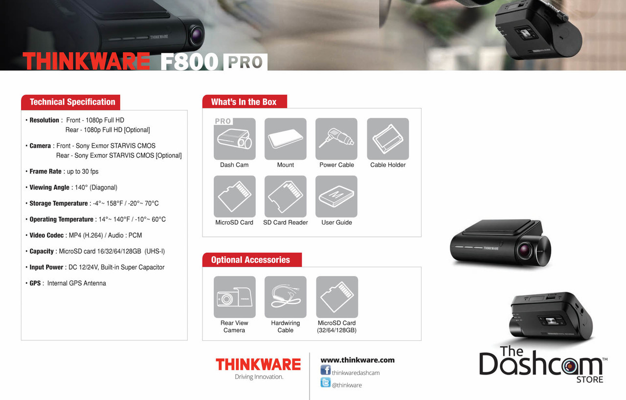 Thinkware F800 Pro Dashcam 1080p Full HD 2CH w/ Night Vision & GPS