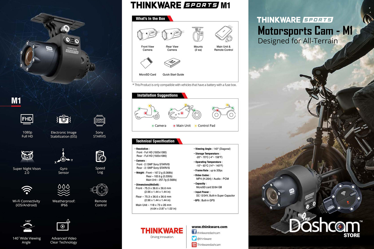 Thinkware M1 Motorcycle Atv 2ch 1080p Wifi Gps Dashcam