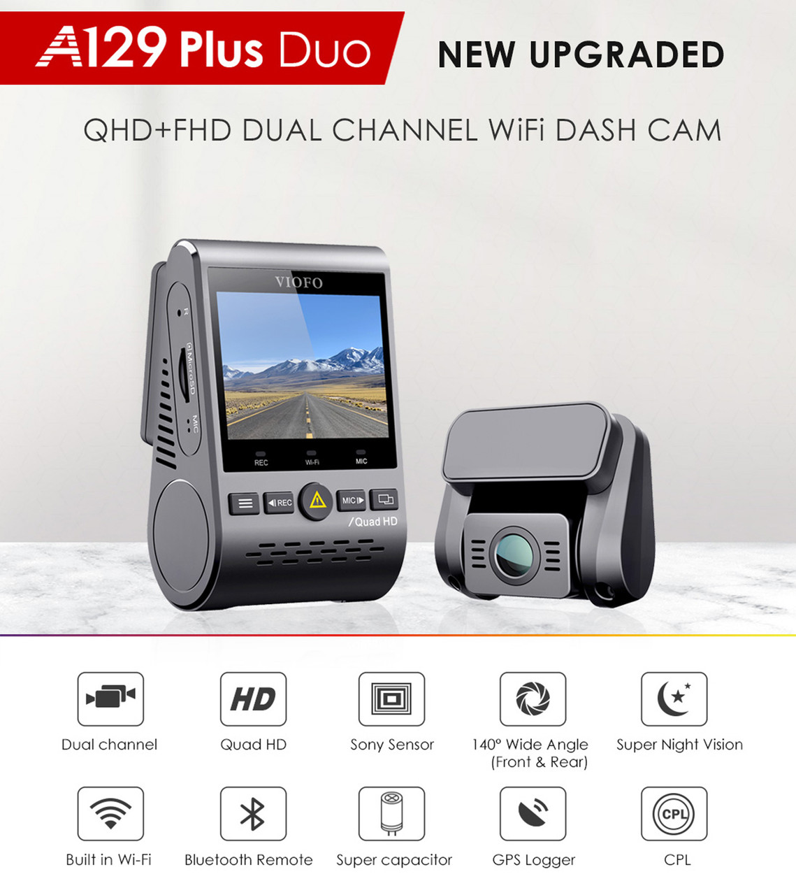 VIOFO A129 Plus Duo | Front and Rear Dual Lens Dash Cam w/ GPS & WiFi