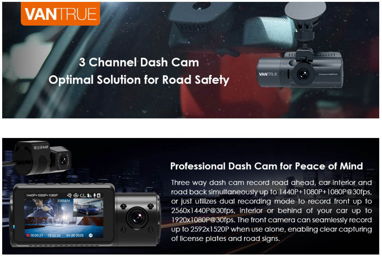 Vantrue N4 3-Channel Dash Cam: Front Inside & Rear Recording